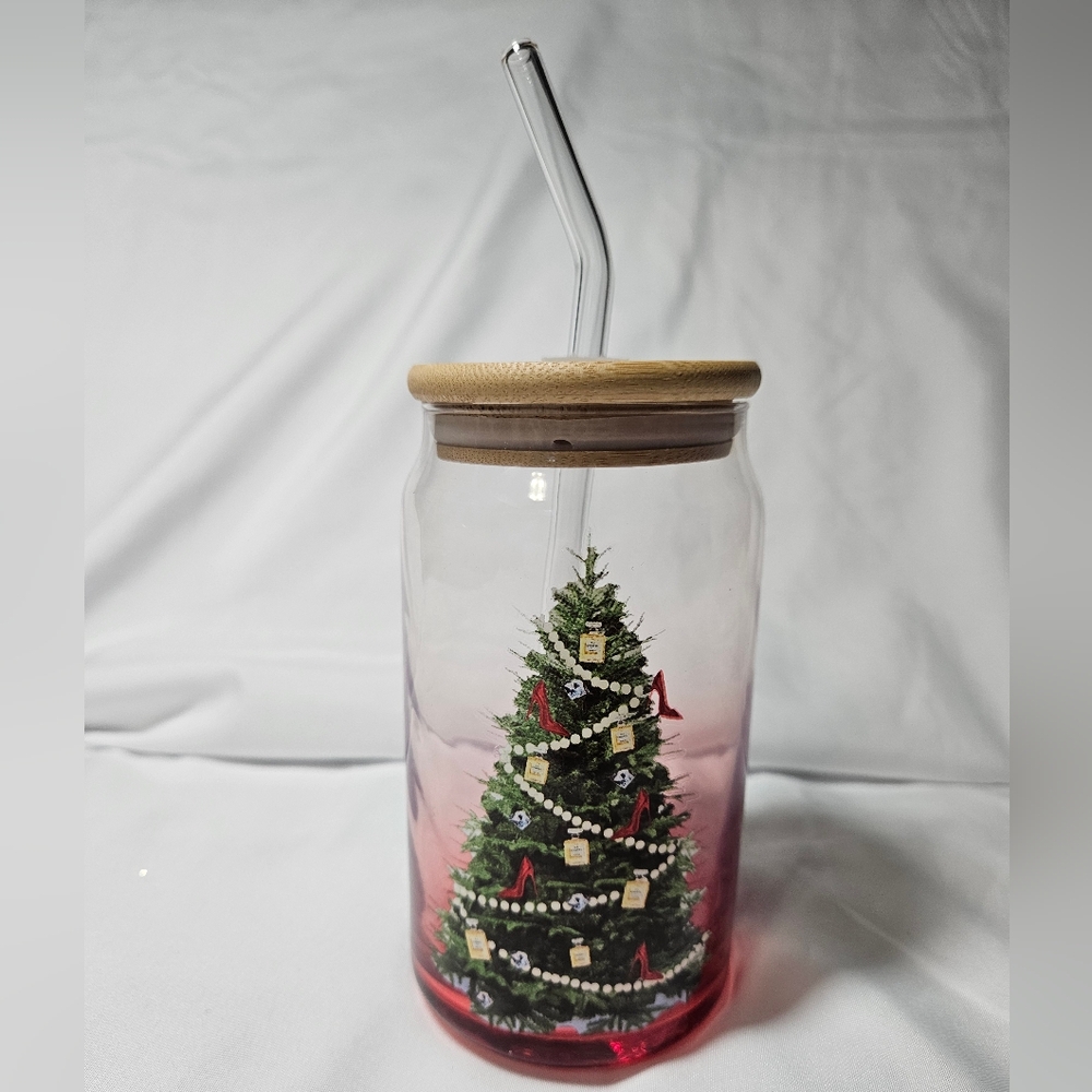 Christmas Glass Cup & Glass Straw NEW
